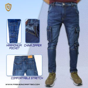 Seven Pocket Cargo Denim Pants - Mid Blue